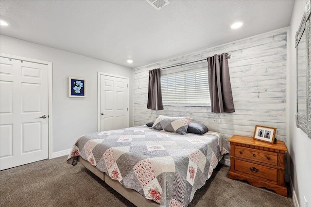 bedroom featuring visible vents, recessed lighting, baseboards, and carpet floors