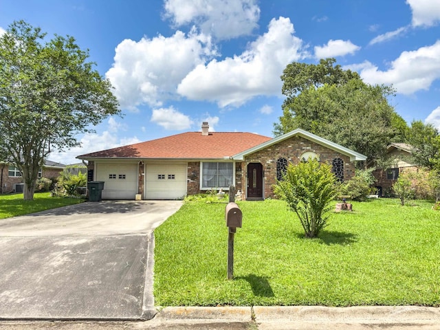6470 Wilder Dr, Beaumont, TX 77706 - view of front of house with a garage, a front lawn, concrete driveway, a chimney, and brick siding