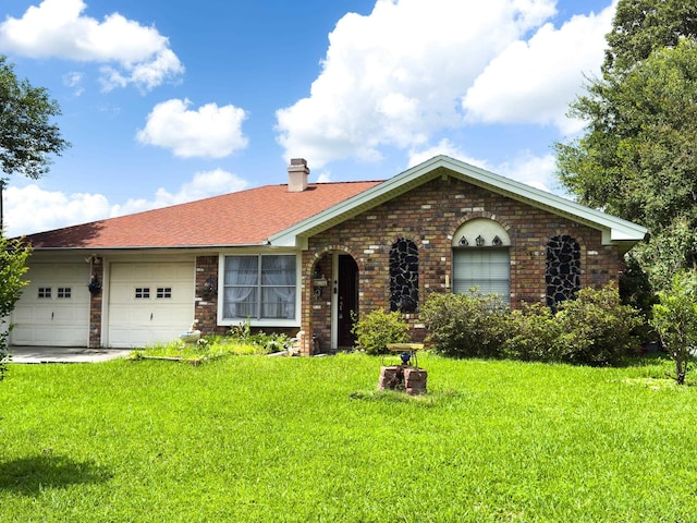 6470 Wilder Dr, Beaumont, TX 77706 - ranch-style home with brick siding, a front lawn, an attached garage, and a chimney