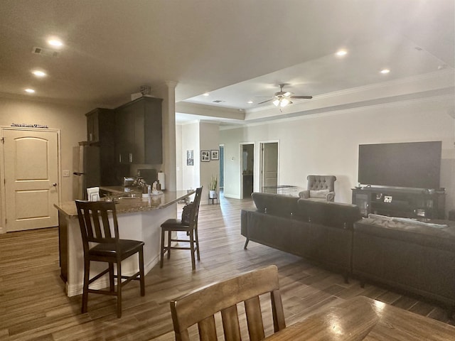 living room with dark hardwood / wood-style flooring, a tray ceiling, ceiling fan, crown molding, and sink