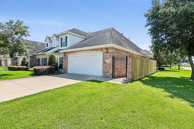 view of side of home with a garage and a lawn