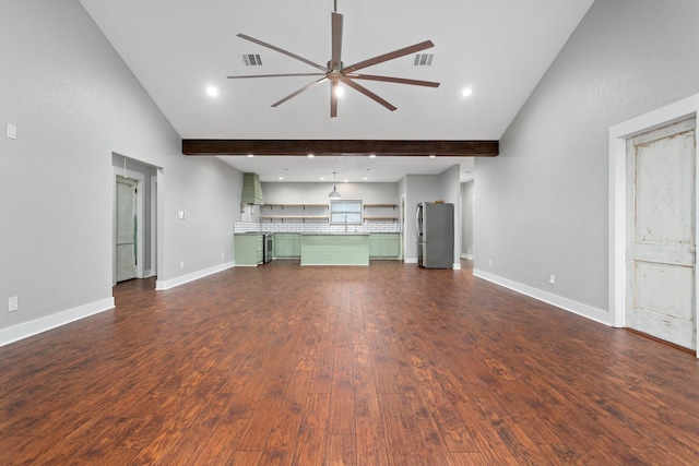 2050 Aggie Dr, Beaumont, TX 77713 - unfurnished living room with baseboards, visible vents, ceiling fan, and dark wood-type flooring