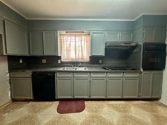 4220 Flamingo Ln, Beaumont, TX 77705 - kitchen featuring black appliances, under cabinet range hood, dark countertops, ornamental molding, and a textured ceiling