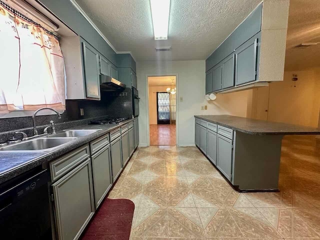 4220 Flamingo Ln, Beaumont, TX 77705 - kitchen with black appliances, a peninsula, dark countertops, a textured ceiling, and under cabinet range hood