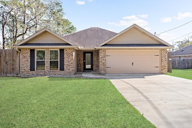 ranch-style house with a garage and a front lawn