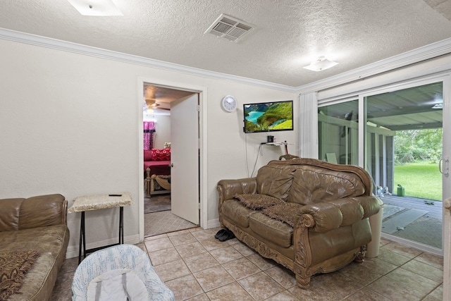 2850 S Major Dr, Beaumont, TX 77707 - living room featuring crown molding, a textured ceiling, and light tile patterned floors