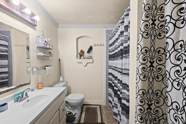 2850 S Major Dr, Beaumont, TX 77707 - full bathroom featuring crown molding, vanity, tile patterned floors, and a shower with curtain