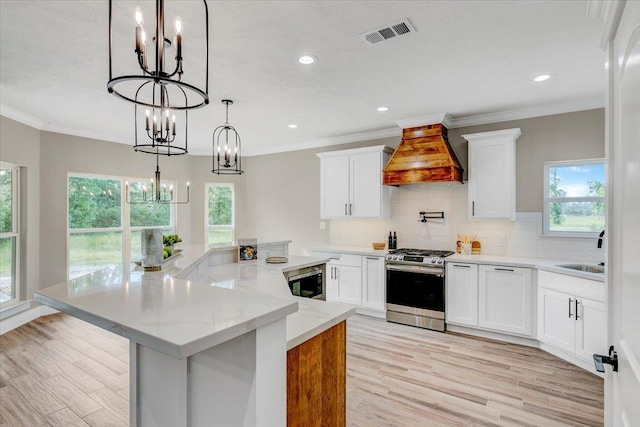 kitchen featuring white cabinetry, stainless steel appliances, tasteful backsplash, premium range hood, and decorative light fixtures