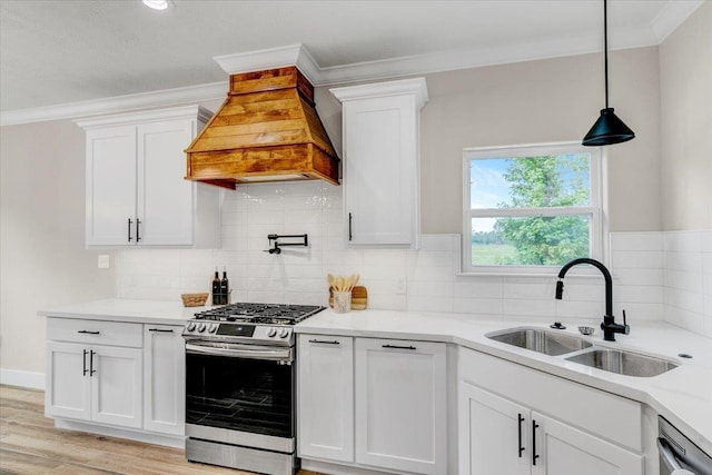 kitchen featuring decorative backsplash, appliances with stainless steel finishes, custom range hood, sink, and white cabinetry