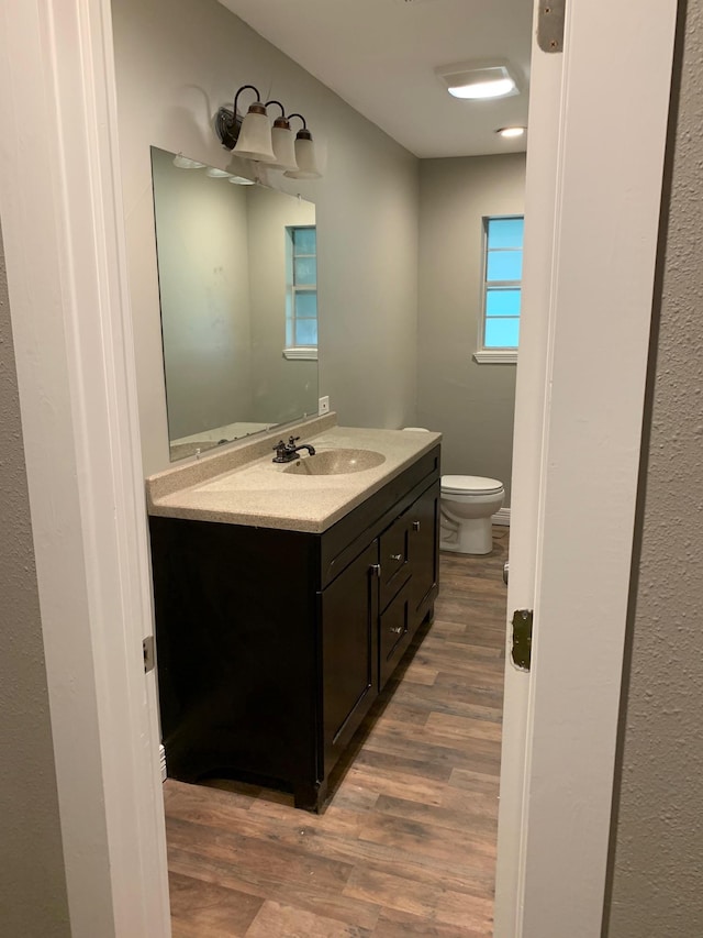 half bath featuring toilet, vanity, and wood finished floors