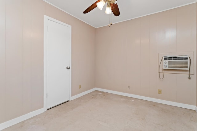 unfurnished room with crown molding, a ceiling fan, a wall mounted air conditioner, concrete floors, and baseboards