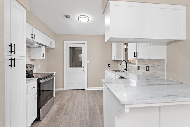 kitchen with white cabinetry, light stone countertops, kitchen peninsula, and stainless steel range with electric stovetop