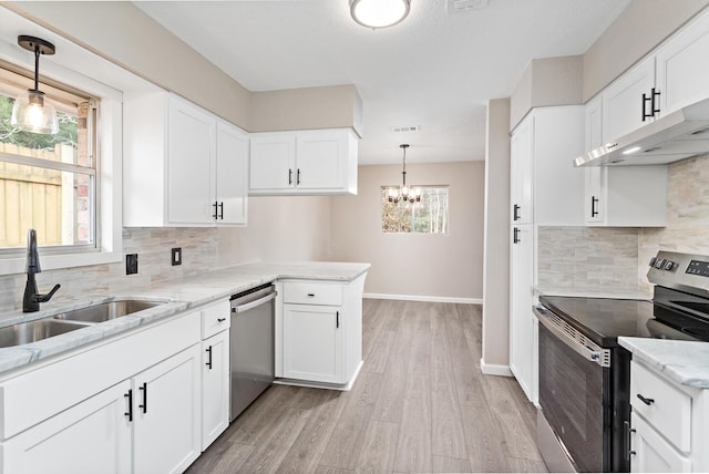 kitchen with sink, white cabinetry, decorative light fixtures, kitchen peninsula, and stainless steel appliances