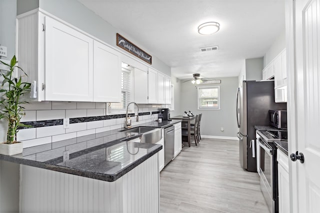 kitchen with visible vents, white cabinets, appliances with stainless steel finishes, backsplash, and a sink