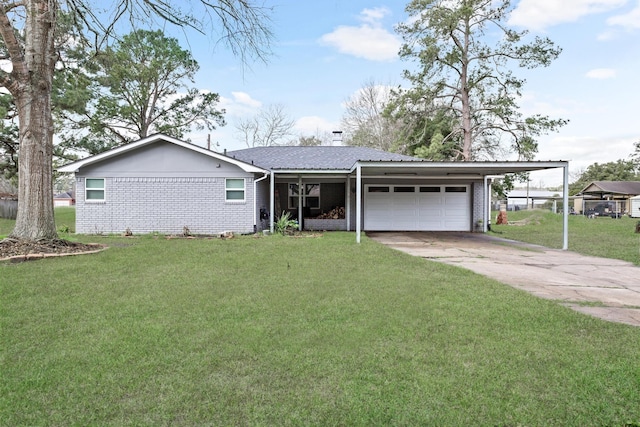 ranch-style home with concrete driveway, a chimney, an attached garage, a front yard, and brick siding