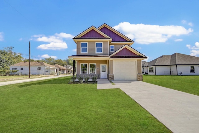 craftsman inspired home featuring covered porch, a garage, and a front yard