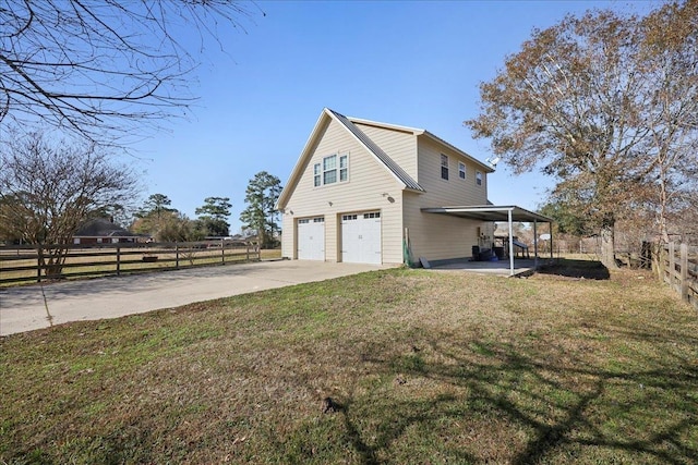 view of property exterior with a garage, a carport, and a lawn