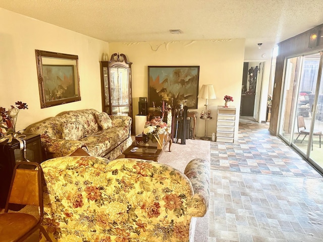 living room featuring a textured ceiling