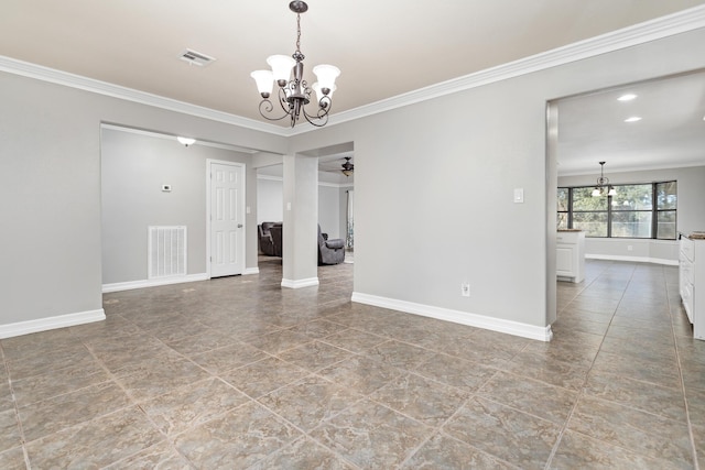 spare room with ceiling fan with notable chandelier and ornamental molding