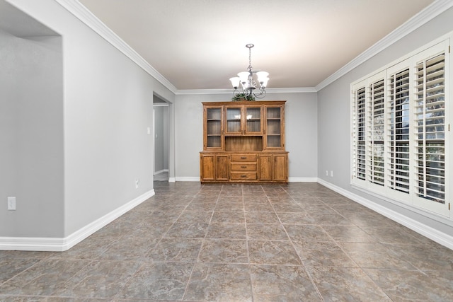 unfurnished dining area featuring an inviting chandelier and ornamental molding