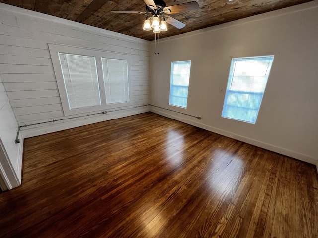 empty room with hardwood / wood-style flooring, ceiling fan, wood walls, and wood ceiling