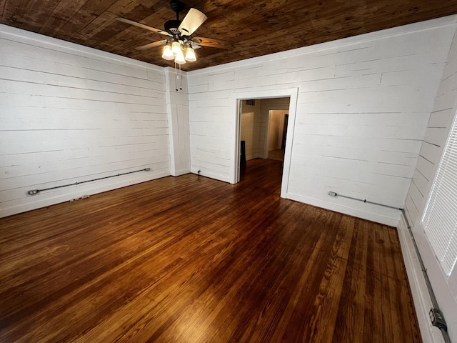 unfurnished room with ceiling fan, wooden ceiling, and dark wood-type flooring