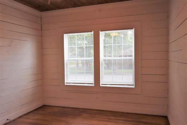 spare room featuring wood-type flooring, wooden walls, and wood ceiling