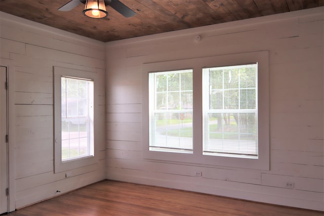 unfurnished room featuring hardwood / wood-style flooring, ceiling fan, wooden ceiling, and wooden walls