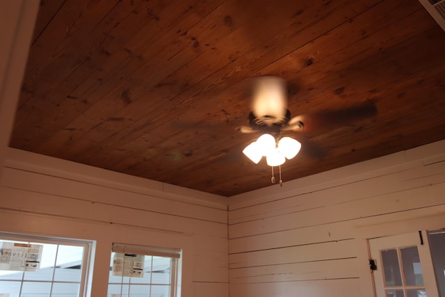 interior details with ceiling fan, wood walls, and wood ceiling