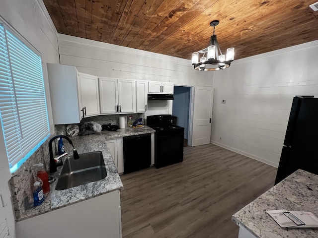 kitchen featuring wood ceiling, sink, black appliances, white cabinets, and hanging light fixtures