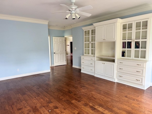 6400 Chasse Gdns, Little Cypress, TX 77632 - unfurnished bedroom with dark wood-style floors, baseboards, ornamental molding, and ceiling fan