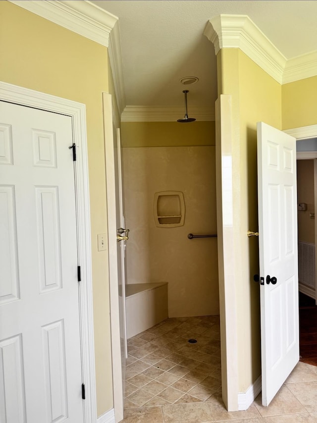 6400 Chasse Gdns, Little Cypress, TX 77632 - bathroom with ornamental molding, a shower, and baseboards