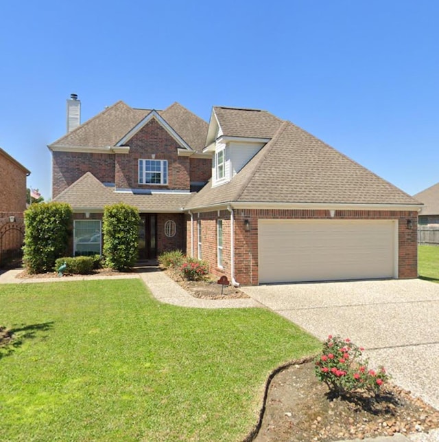 6400 Chasse Gdns, Little Cypress, TX 77632 - traditional home featuring a garage, driveway, a front lawn, brick siding, and a shingled roof