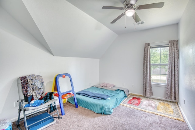 1062 Bassett St, Orange, TX 77632 - bedroom featuring vaulted ceiling, carpet floors, ceiling fan, and baseboards