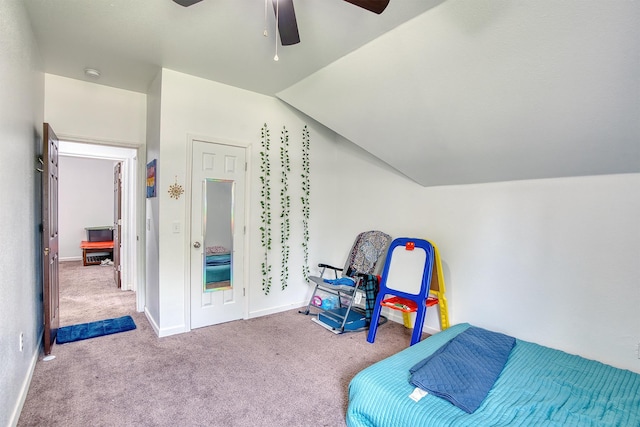 1062 Bassett St, Orange, TX 77632 - carpeted bedroom with lofted ceiling, baseboards, and ceiling fan