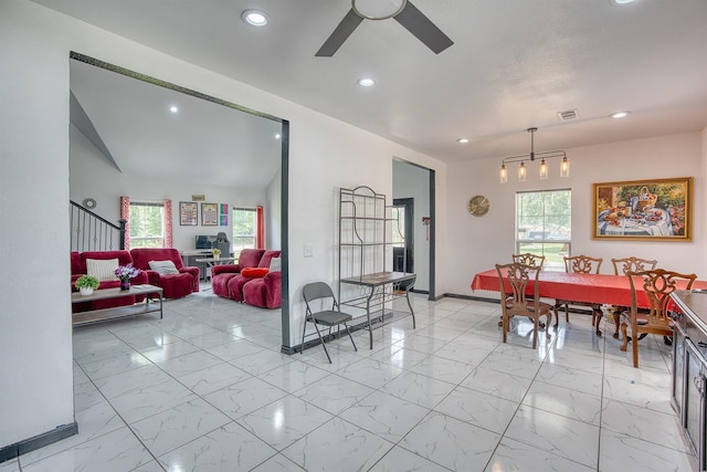 1062 Bassett St, Orange, TX 77632 - dining room with light marble finish flooring, recessed lighting, a ceiling fan, and plenty of natural light
