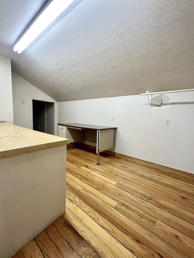 additional living space featuring vaulted ceiling, a textured ceiling, and light hardwood / wood-style flooring