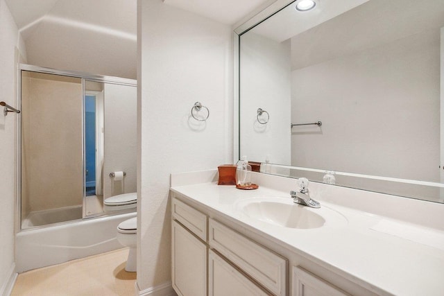 full bathroom with vanity, shower / bath combination with glass door, and toilet