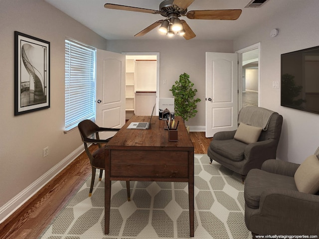 office area featuring ceiling fan and wood-type flooring