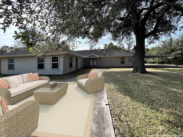 back of property featuring a lawn, an outdoor hangout area, and a carport