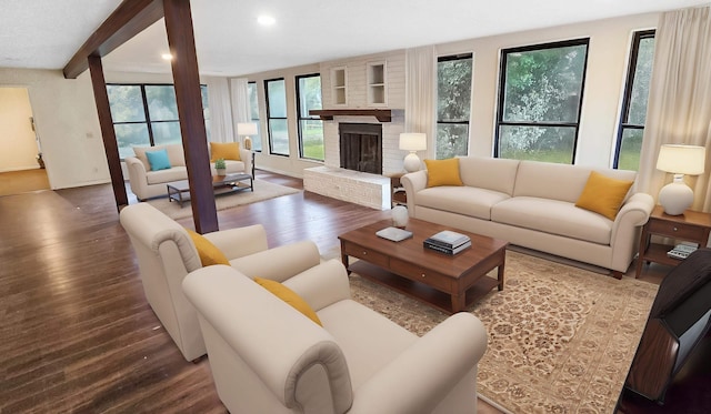 living room featuring dark wood-style floors, a fireplace, beam ceiling, and recessed lighting