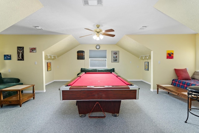302 Waterwood Dr, Orange, TX 77630 - game room featuring carpet floors, ceiling fan, baseboards, vaulted ceiling, and billiards