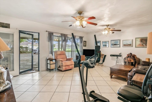 tiled living room featuring ceiling fan and ornamental molding