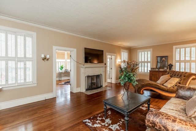 living room featuring dark hardwood / wood-style floors, plenty of natural light, and crown molding