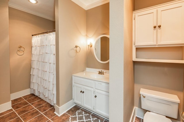 bathroom with curtained shower, tile patterned flooring, crown molding, toilet, and vanity