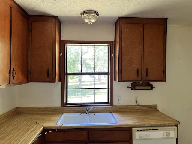 kitchen with sink, white dishwasher, and a textured ceiling