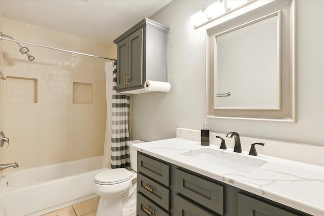 full bathroom with shower / bathtub combination with curtain, tile patterned flooring, vanity, and toilet