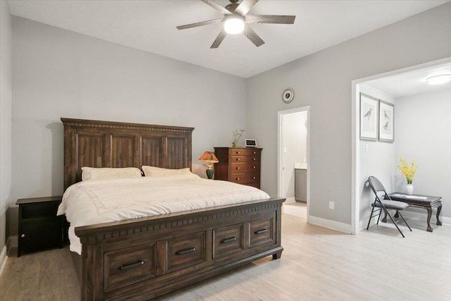 bedroom featuring ensuite bathroom, ceiling fan, and light hardwood / wood-style floors