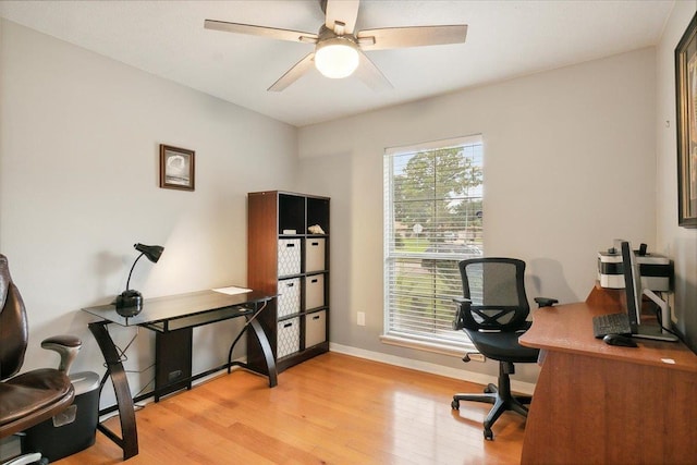 home office with light hardwood / wood-style flooring and ceiling fan