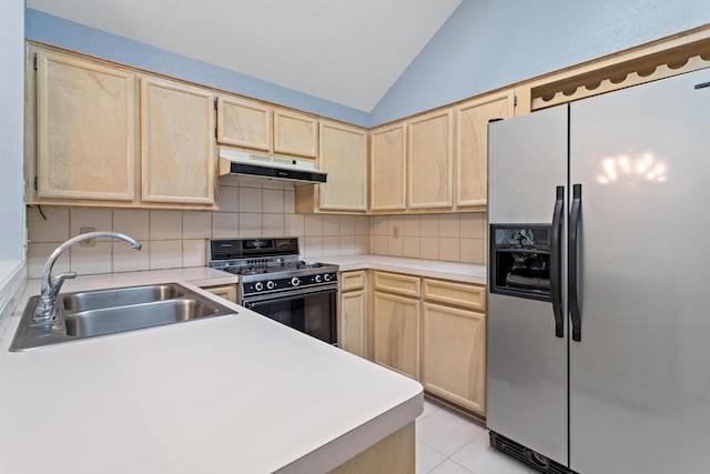 961 Green Mdw, Beaumont, TX 77706 - kitchen featuring under cabinet range hood, stainless steel fridge with ice dispenser, light brown cabinetry, and black gas range oven